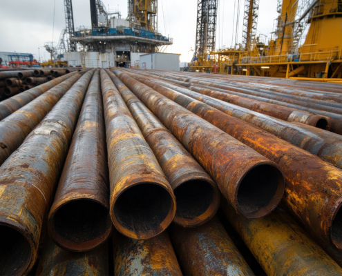 Drill Pipe. Stack of Rusty Steel Pipes in Oil Industry Warehouse